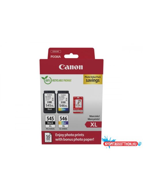 Canon PG-545XL (1x15 ml) + CL-546XL (1x13 ml) + 50 lap GP501 10x15 fényes fotópapír Multipack