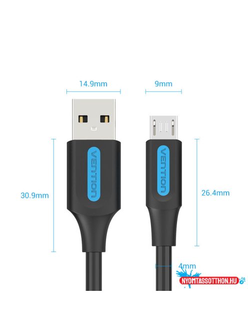 Vention USB-A 2.0/M ->  Micro B/M, 0,25m, (3A, fekete), kábel