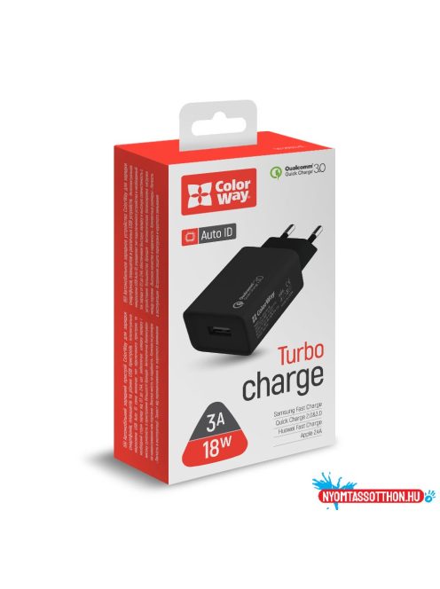 ColorWay AC töltő 1USB Quick Charge 3.0 (18W) fekete (CW-CHS013Q-BK)