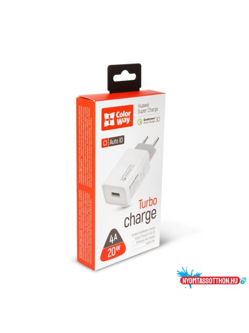 ColorWay AC töltő 1USB Huawei Super Charge/Quick Charge 3.0, 4A (20W) fehér (CW-CHS014Q-WT)