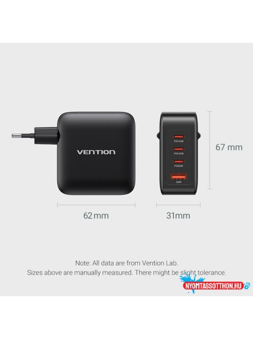 Vention 4-port USB-C+C+C+A (140W/140W/30W/18W 4-portos, GaN, fekete),1,5m, töltő