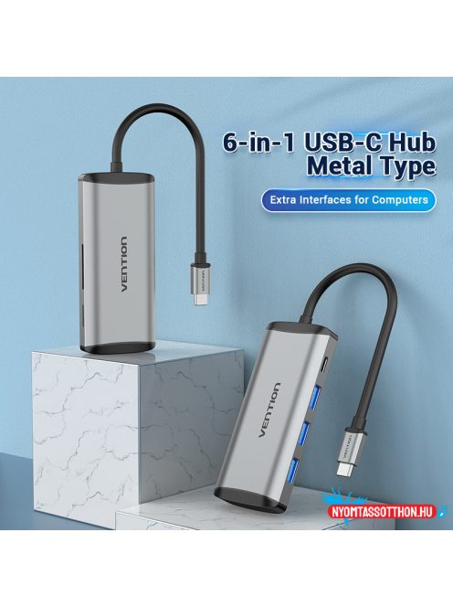 VENTION USB-C to USB3.0*3/TF/SD/PD Hub 0.15M Gray Aluminum Alloy Type